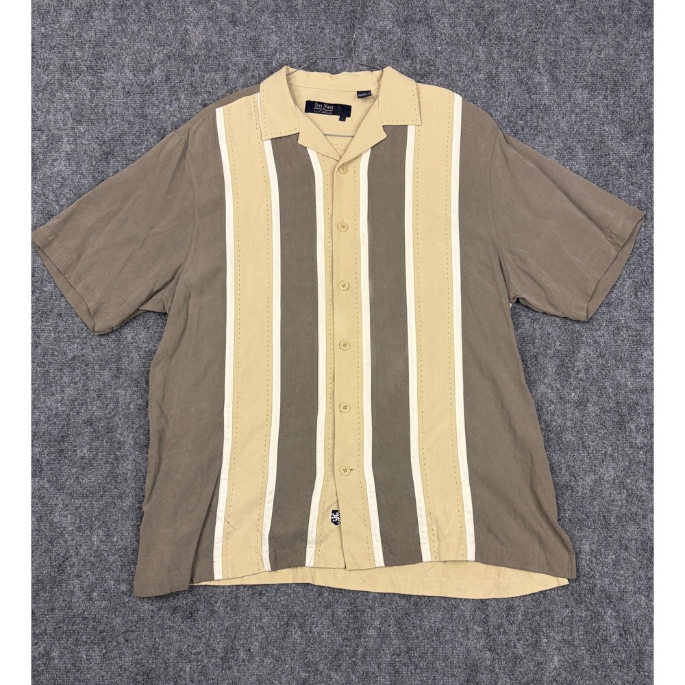 Nat Nast Luxury Originals 100% Silk Short Sleeve Bowling Shirt Tan Brown Mens L